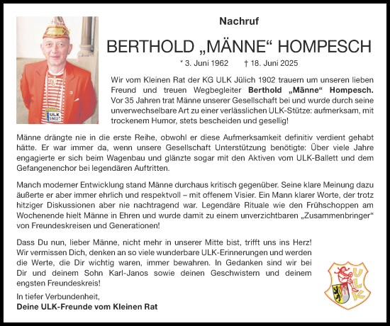 Traueranzeige von Berthold Hompesch von Zeitung am Sonntag