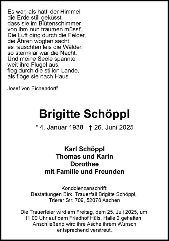 Traueranzeige von Brigitte Schöppl von Aachener Zeitung