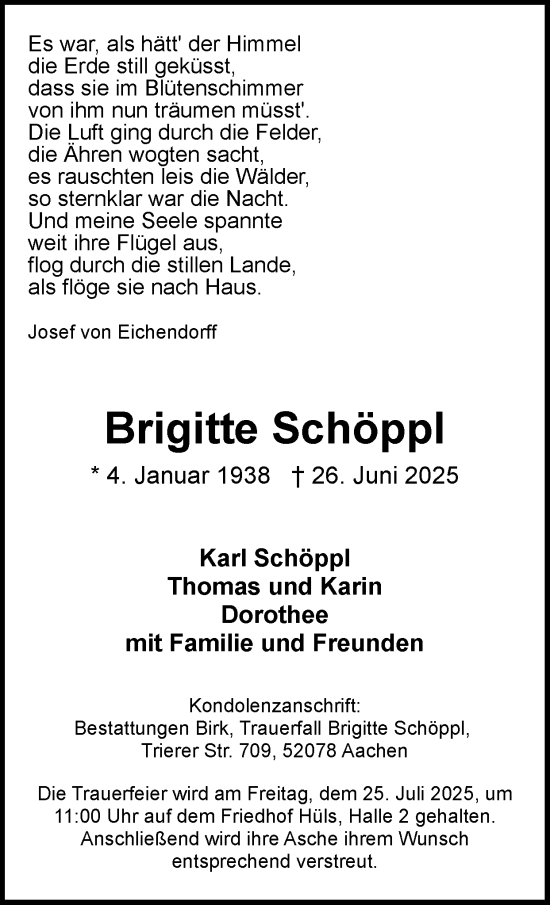 Traueranzeige von Brigitte Schöppl von Zeitung am Sonntag