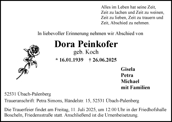 Traueranzeige von Dora Peinkofer von Zeitung am Sonntag