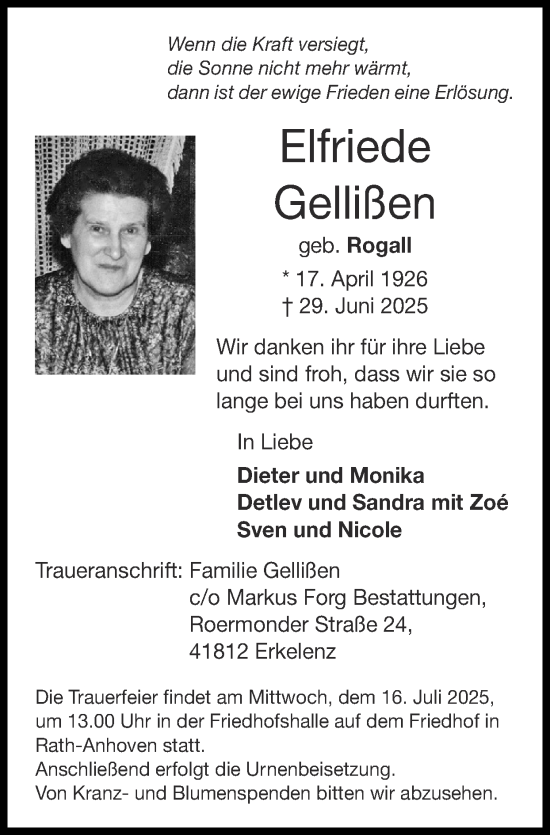 Traueranzeige von Elfriede Gellissen von Zeitung am Sonntag