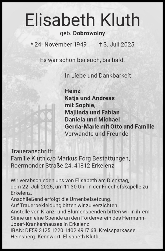 Traueranzeige von Elisabeth Kluth von Zeitung am Sonntag