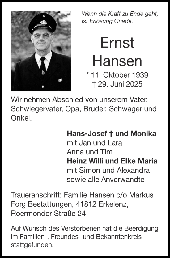 Traueranzeige von Ernst Hansen von Zeitung am Sonntag