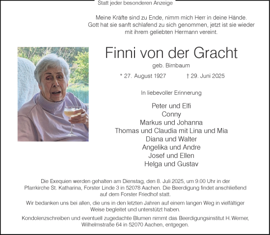 Traueranzeige von Finni von der Gracht von Aachener Zeitung