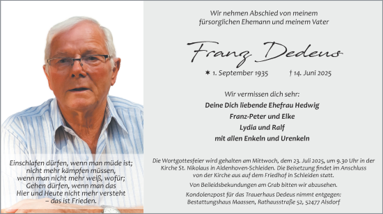 Traueranzeige von Franz Dedeus von Zeitung am Sonntag