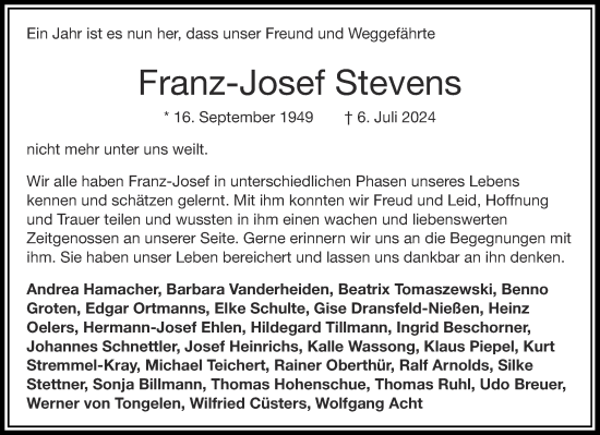 Traueranzeige von Franz-Josef Stevens von Aachener Zeitung