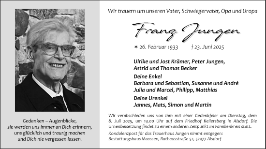 Traueranzeige von Franz Jungen von Zeitung am Sonntag