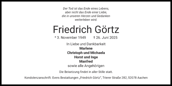 Traueranzeige von Friedrich Görtz von Zeitung am Sonntag