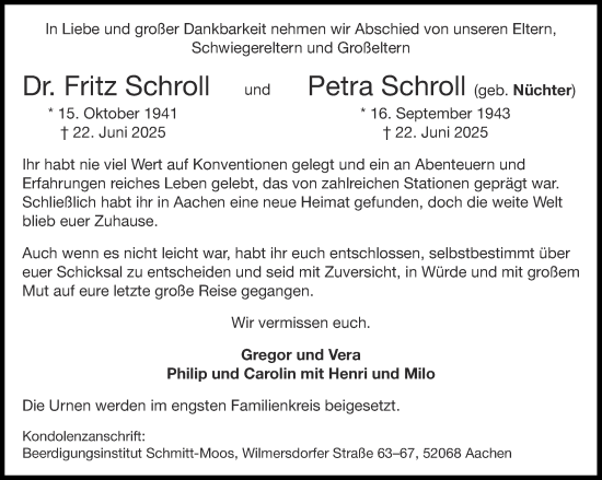 Traueranzeige von Fritz Schroll von Aachener Zeitung