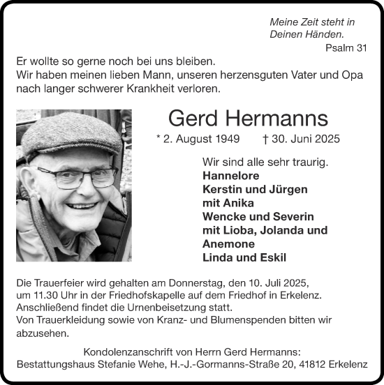 Traueranzeige von Gerd Hermanns von Zeitung am Sonntag