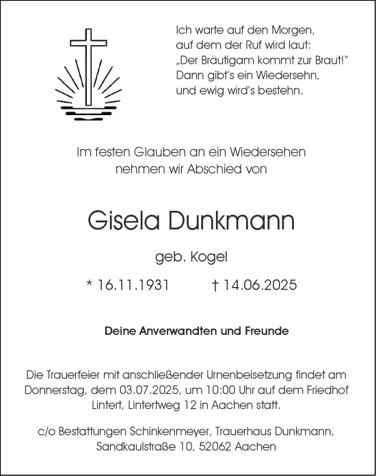Traueranzeige von Gisela Dunkmann von Aachener Zeitung