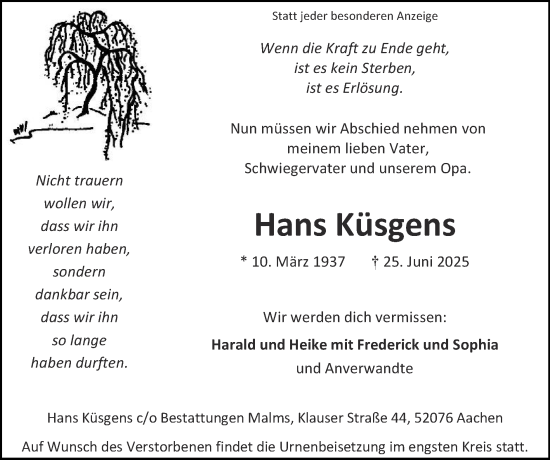 Traueranzeige von Hans Küsgens von Zeitung am Sonntag