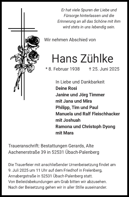 Traueranzeige von Hans Zühlke von Zeitung am Sonntag