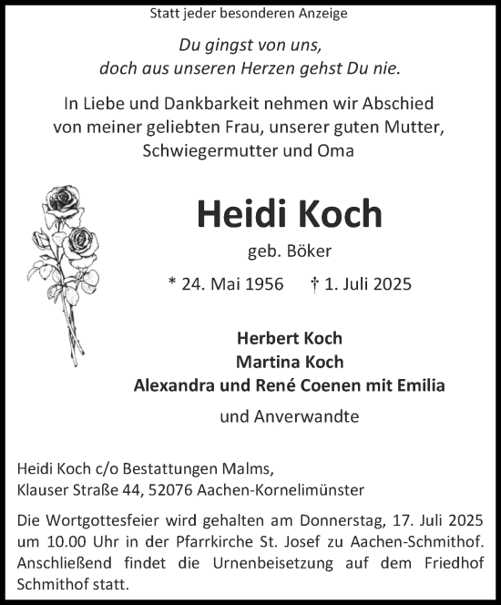 Traueranzeige von Heidi Koch von Aachener Zeitung