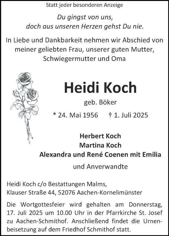 Traueranzeige von Heidi Koch von Zeitung am Sonntag
