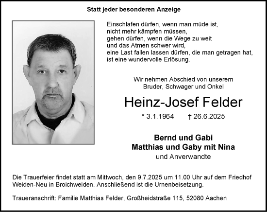 Traueranzeige von Heinz-Josef Felder von Zeitung am Sonntag