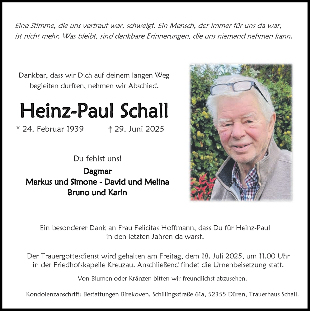  Traueranzeige für Heinz-Paul Schall vom 06.07.2025 aus Zeitung am Sonntag