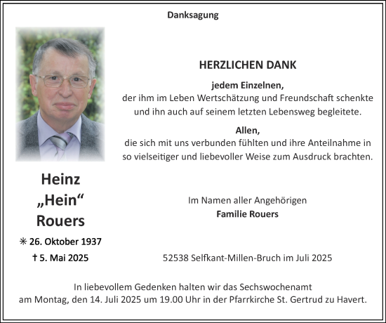 Traueranzeige von Heinz Rouers von Zeitung am Sonntag