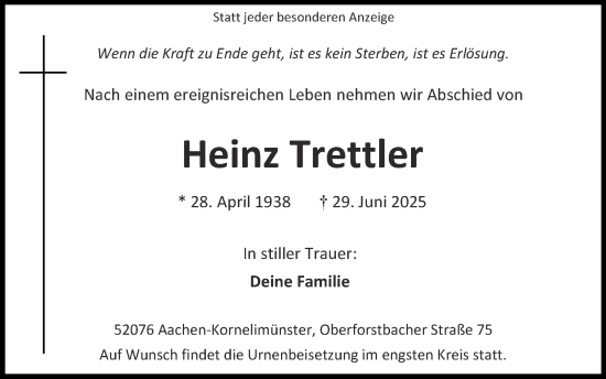 Traueranzeige von Heinz Trettler von Zeitung am Sonntag