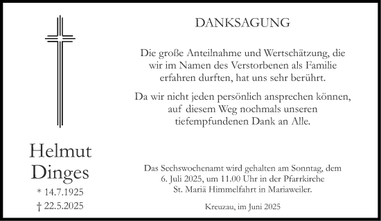 Traueranzeige von Helmut Dinges von Aachener Zeitung