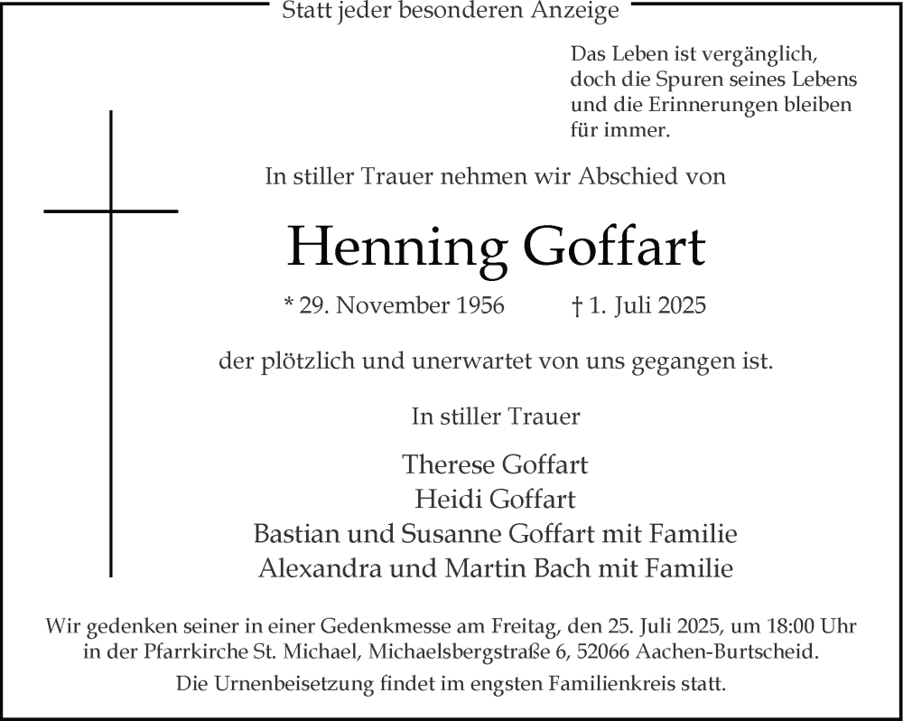  Traueranzeige für Henning Goffart vom 19.07.2025 aus Aachener Zeitung