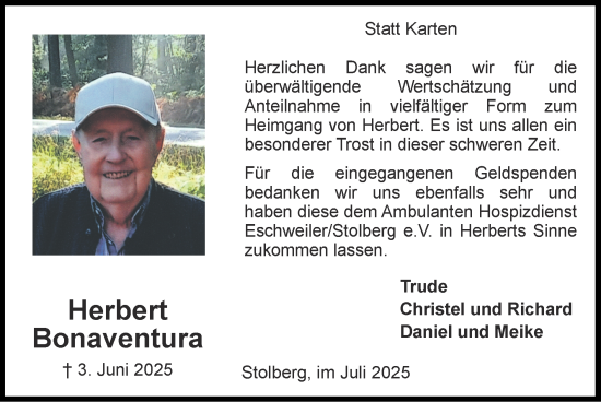 Traueranzeige von Herbert Bonaventura von Zeitung am Sonntag