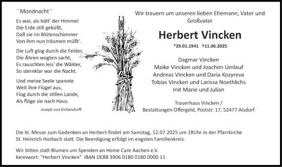 Traueranzeige von Herbert Vincken von Zeitung am Sonntag