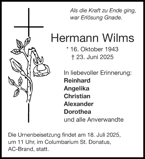 Traueranzeige von Hermann Wilms von Aachener Zeitung