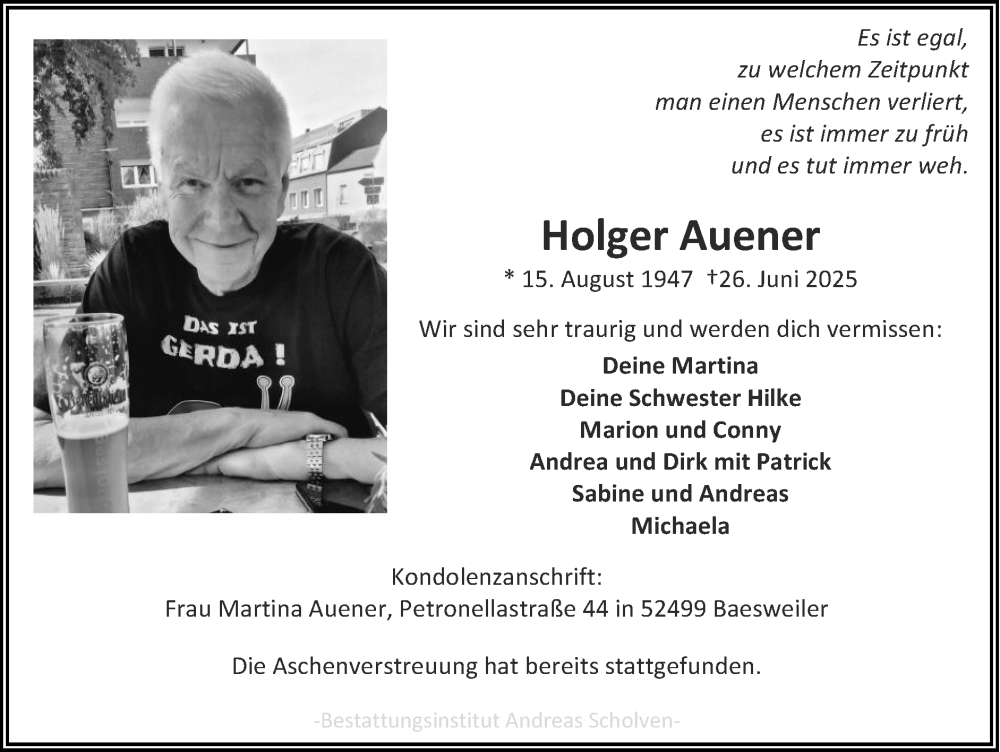  Traueranzeige für Holger Auener vom 27.07.2025 aus Zeitung am Sonntag