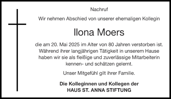 Traueranzeige von Ilona Moers von Zeitung am Sonntag