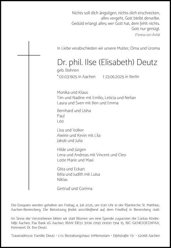 Traueranzeige von Ilse Deutz von Aachener Zeitung