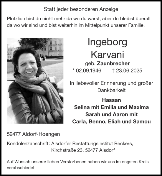 Traueranzeige von Ingeborg Karvani von Zeitung am Sonntag