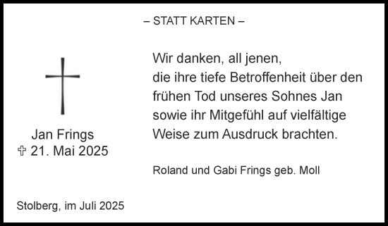 Traueranzeige von Jan Frings von Zeitung am Sonntag
