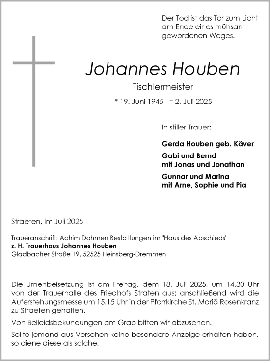 Traueranzeige von Johannes Houben von Zeitung am Sonntag