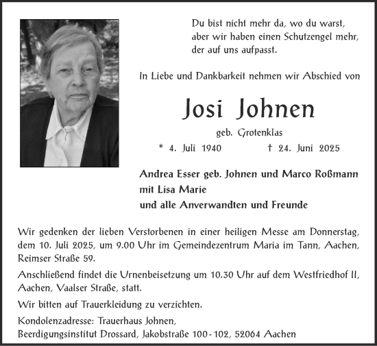 Traueranzeige von Josi Johnen von Zeitung am Sonntag