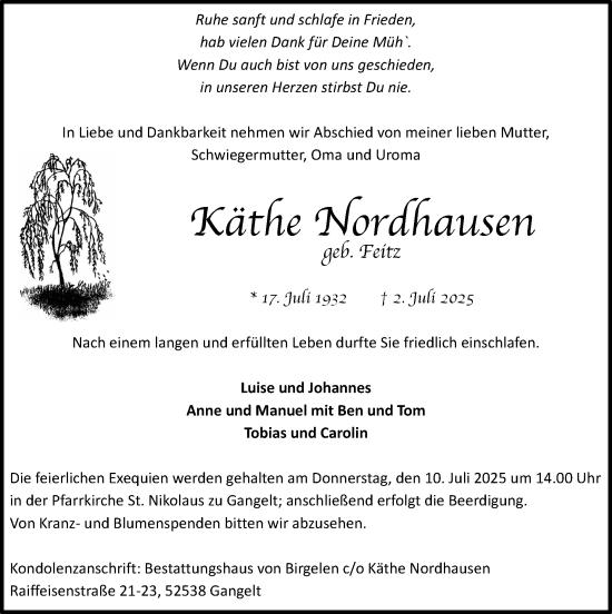 Traueranzeige von Käthe Nordhausen von Zeitung am Sonntag