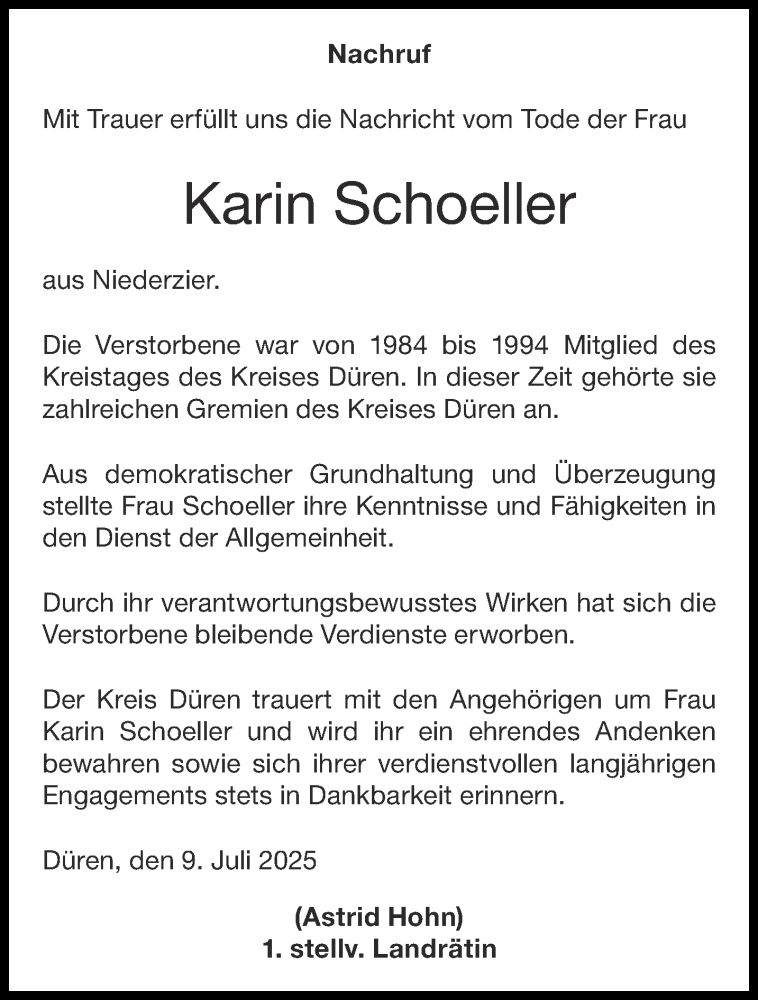  Traueranzeige für Karin Schoeller vom 12.07.2025 aus Aachener Zeitung