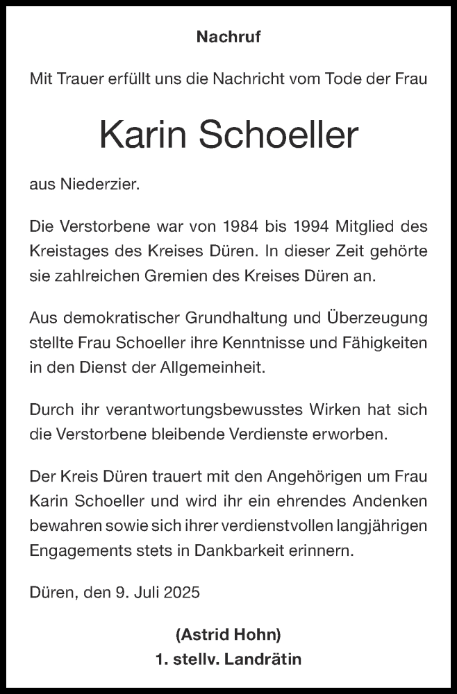  Traueranzeige für Karin Schoeller vom 13.07.2025 aus Zeitung am Sonntag