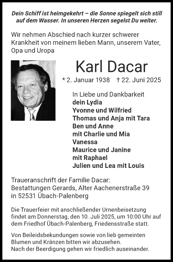 Traueranzeige von Karl Dacar von Zeitung am Sonntag