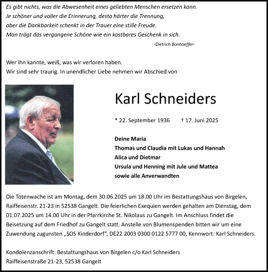 Traueranzeige von Karl Schneiders von Aachener Zeitung