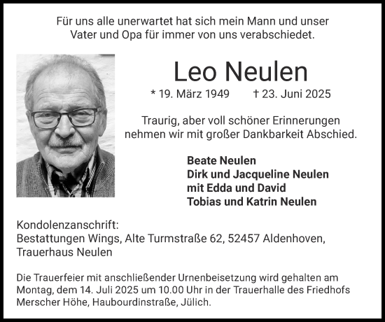 Traueranzeige von Leo Neulen von Zeitung am Sonntag