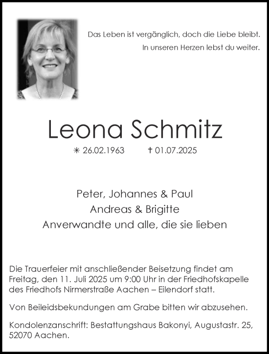 Traueranzeige von Leona Schmitz von Aachener Zeitung