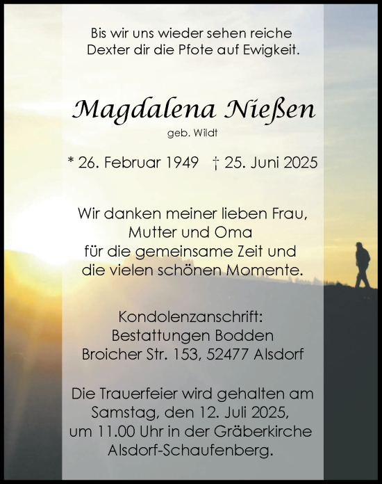 Traueranzeige von Magdalena Nießen von Zeitung am Sonntag