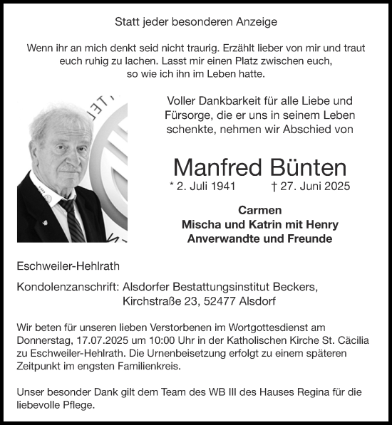 Traueranzeige von Manfred Bünten von Zeitung am Sonntag