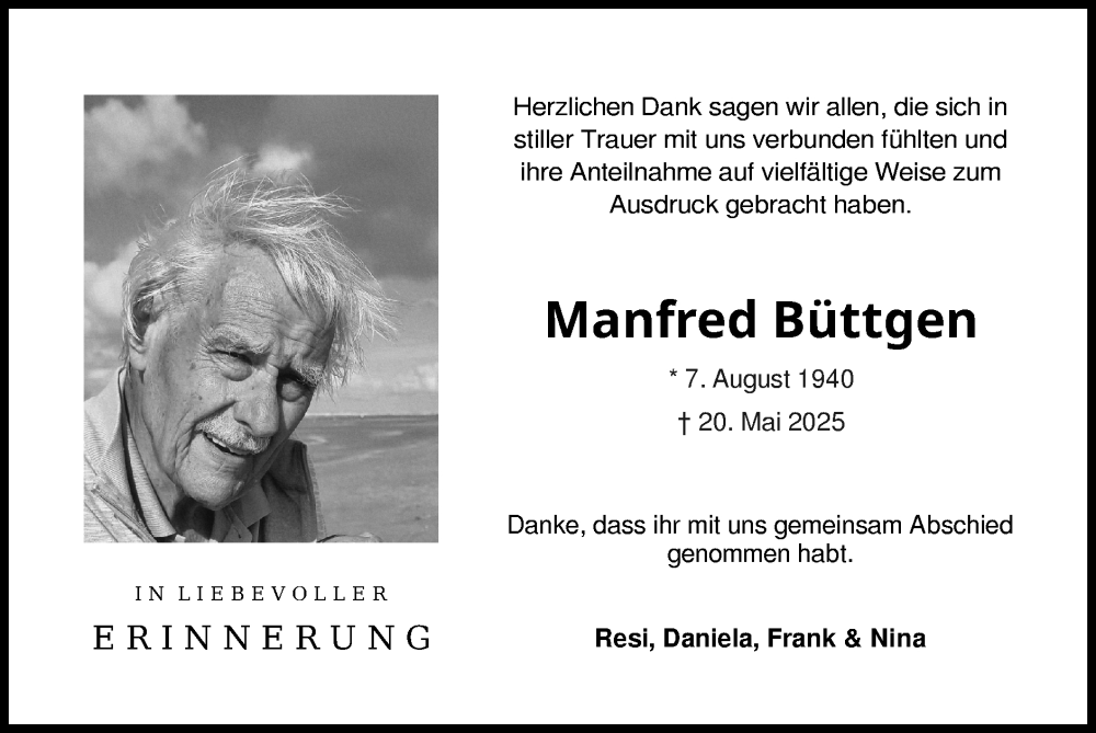  Traueranzeige für Manfred Büttgen vom 06.07.2025 aus Zeitung am Sonntag