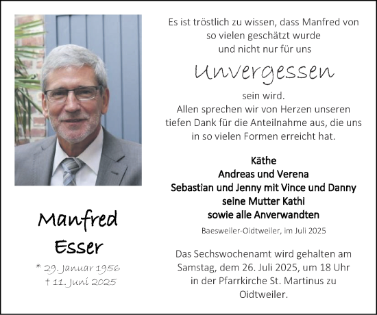 Traueranzeige von Manfred Esser von Zeitung am Sonntag