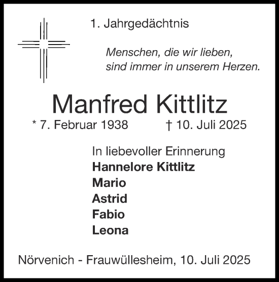 Traueranzeige von Manfred Kittlitz von Zeitung am Sonntag