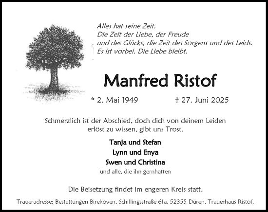 Traueranzeige von Manfred Ristof von Zeitung am Sonntag