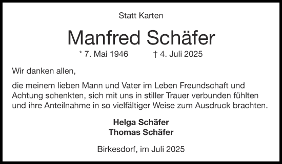 Traueranzeige von Manfred Schäfer von Zeitung am Sonntag