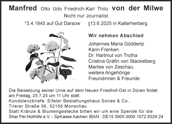 Traueranzeige von Manfred Otto Udo Friedrich-Karl Thilo von der Milwe von Aachener Zeitung